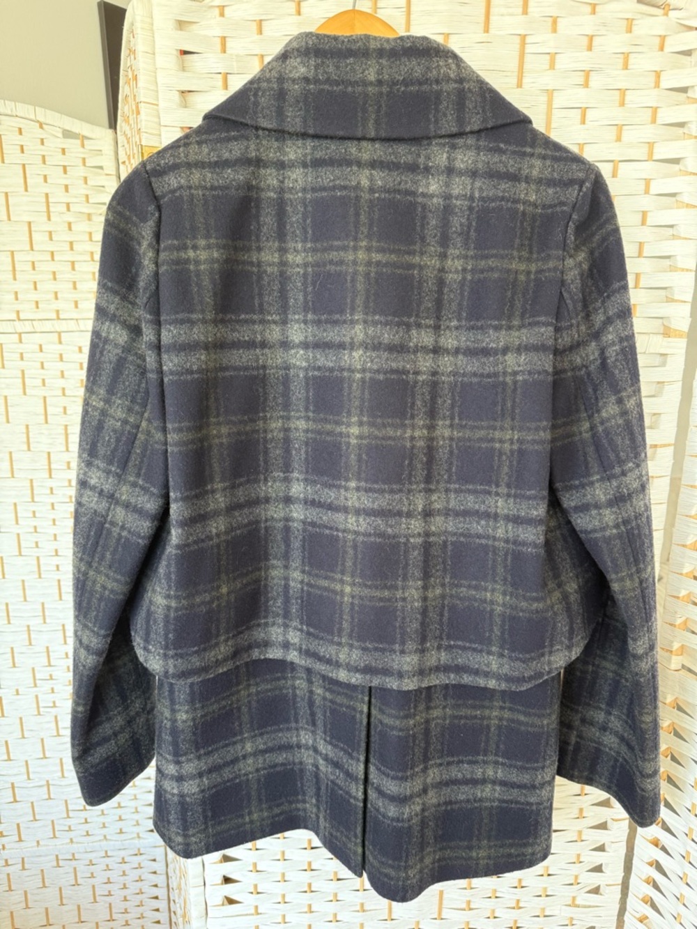 Barneys New York Navy and Gray Plaid Wool Peacoat - Picture 3 of 5